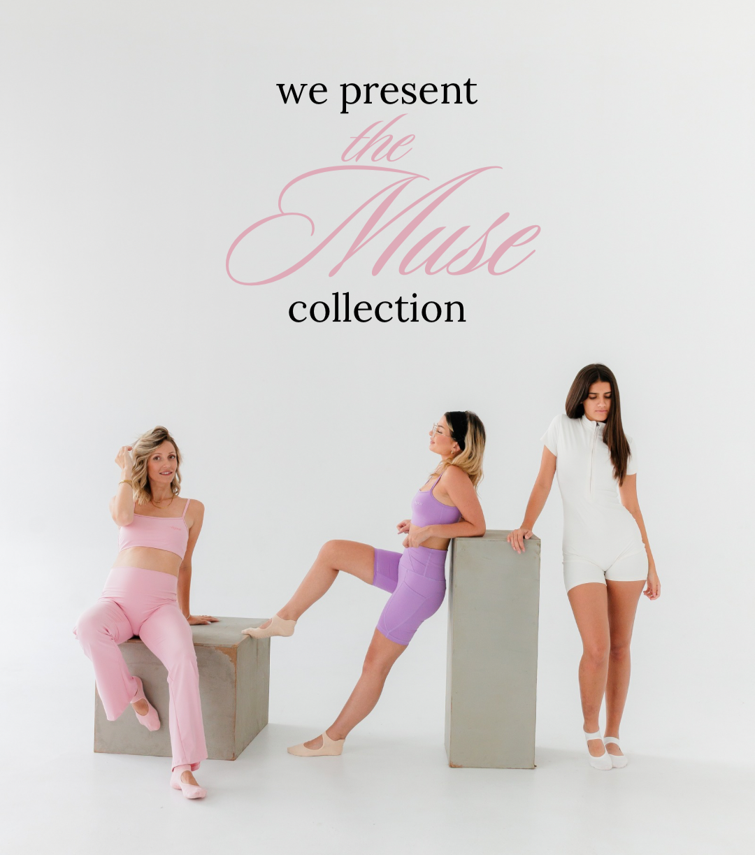 Three women in a 'Muse' collection advertisement with text overlay on a white background.